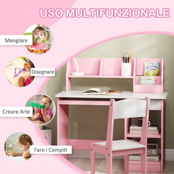 ZONEKIZ Tavolo Scrivania per Bambini 5-8 Anni con Sedia, Scaffale, Mensola Estraibile e Cassetto, Rosa | Aosom Italy