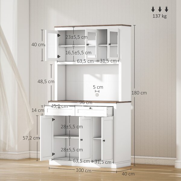 HOMCOM Credenza Cucina Alta con 4 Armadietti, 2 Cassetti e Piano Centrale, 100x40x180 cm, Bianco | Aosom Italy