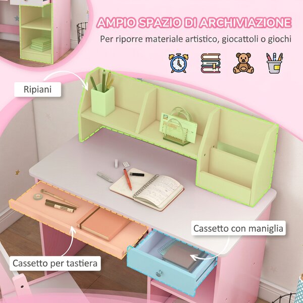 ZONEKIZ Tavolo Scrivania per Bambini 5-8 Anni con Sedia, Scaffale, Mensola Estraibile e Cassetto, Rosa | Aosom Italy