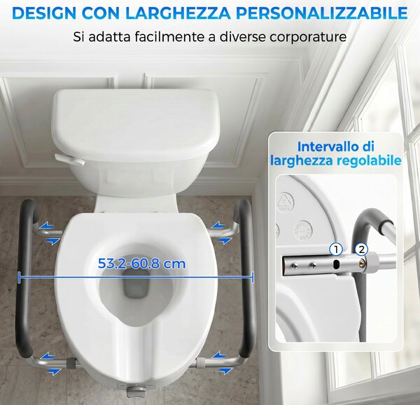 HOMCOM Rialzo WC per Anziani in HDPE con Maniglie Antiscivolo e Larghezza Regolabile, Capacità 136kg, Bianco | Aosom Italy