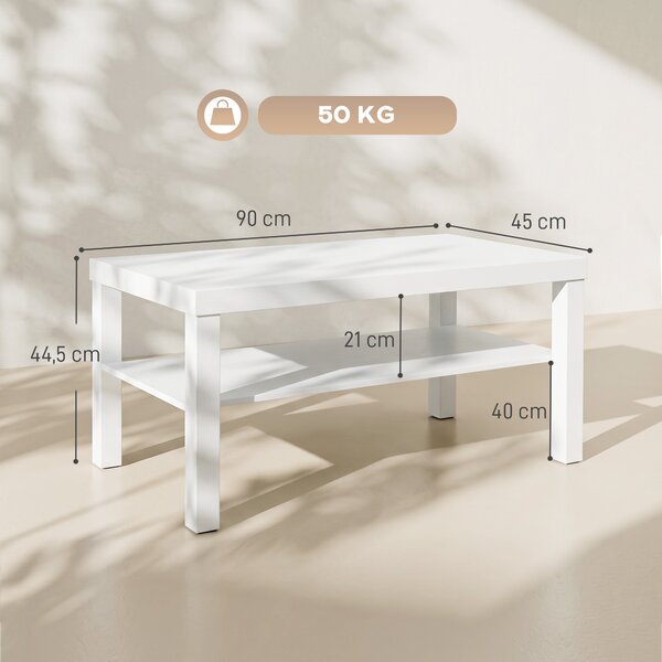 HOMCOM Tavolino da Salotto Rettangolare con Ampio Ripiano, 90×45×44.5 cm, Bianco | Aosom Italy