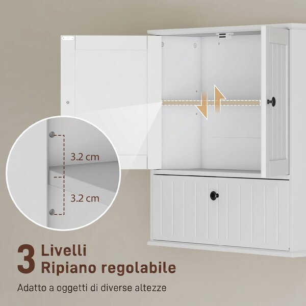 HOMCOM Mobile Bagno da Parete con 3 Ante, Ripiano Regolabile, per Soggiorno e Ingresso, 60x19.5x60 cm, Bianco | Aosom Italy
