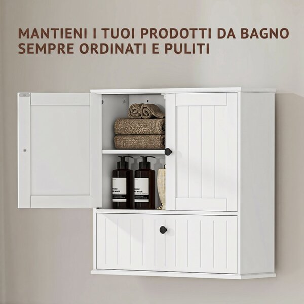 HOMCOM Mobile Bagno da Parete con 3 Ante, Ripiano Regolabile, per Soggiorno e Ingresso, 60x19.5x60 cm, Bianco | Aosom Italy