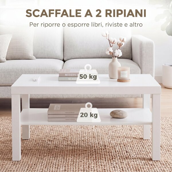 HOMCOM Tavolino da Salotto Rettangolare con Ampio Ripiano, 90×45×44.5 cm, Bianco | Aosom Italy