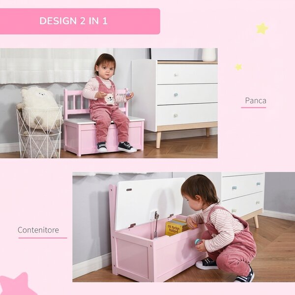 HOMCOM Cassapanca per Bambini 2-5 Anni in Legno con Pistone per Chiusura Sicura, Capacità 40 kg, Rosa e Bianco | Aosom Italy