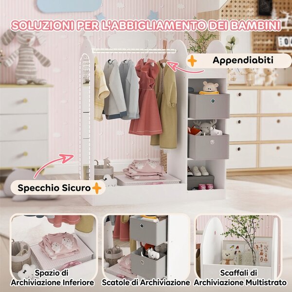 AIYAPLAY Appendiabiti per Bambini 3-8 Anni con Ripiani, 2 Scatole, Asta Appendiabiti e Specchio, Capacità 30 kg, Bianco | Aosom Italy