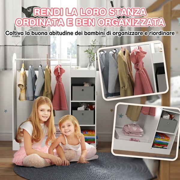 AIYAPLAY Appendiabiti per Bambini 3-8 Anni con Ripiani, 2 Scatole, Asta Appendiabiti e Specchio, Capacità 30 kg, Bianco | Aosom Italy