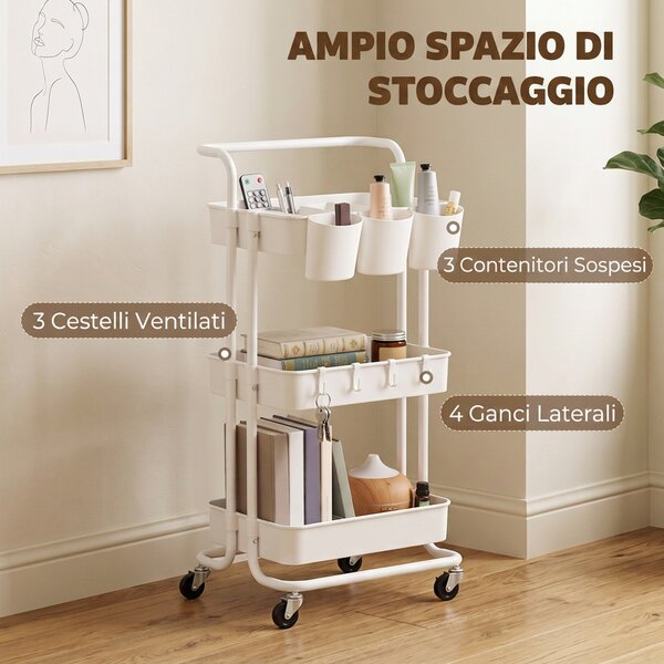 HOMCOM Carrello Cucina Multiuso a 3 Livelli con Cestini e Ganci Rimovibili, Ripiano con 12 Divisori, Bianco | Aosom Italy