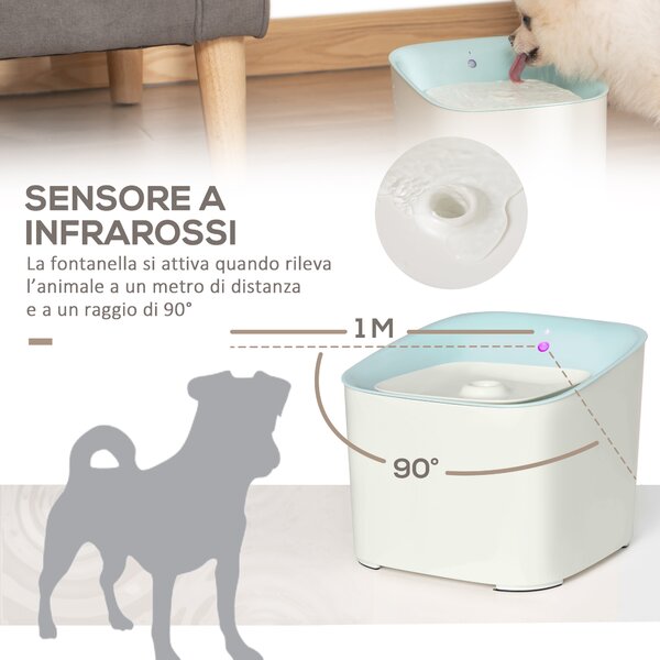 PawHut Fontanella per Gatti e Cani da 3L con Filtro a Carboni, Luce LED e Sensore di Movimento, Bianco|Aosom