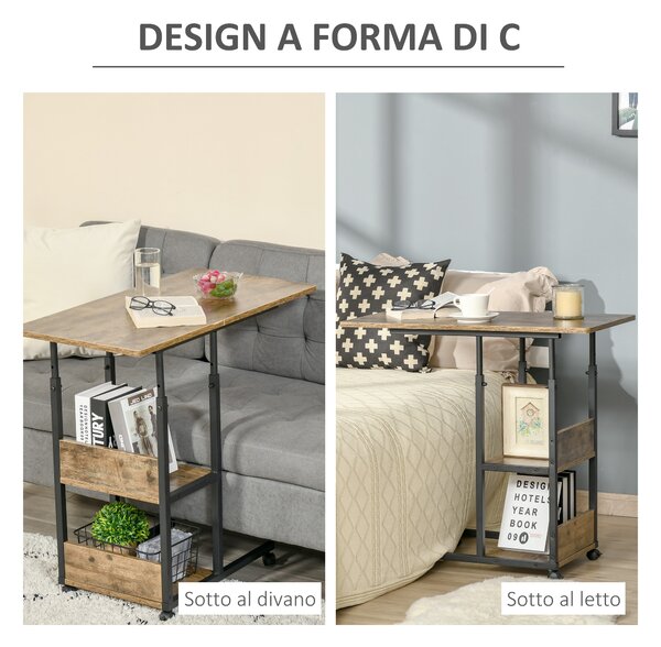 HOMCOM Tavolino da Salotto a C, Stile Industriale, Altezza Regolabile, 3 Ripiani, 4 Ruote con Freno, Design Versatile - Marrone Rustico|Aosom
