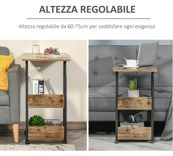 HOMCOM Tavolino da Salotto a C, Stile Industriale, Altezza Regolabile, 3 Ripiani, 4 Ruote con Freno, Design Versatile - Marrone Rustico|Aosom