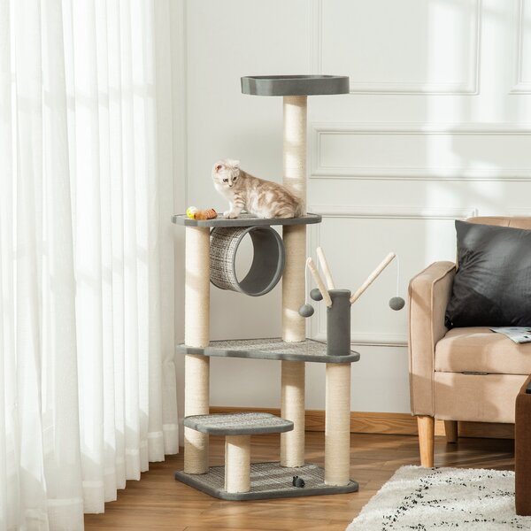 PawHut Albero Tiragraffi per Gatti Adulti e Gattini da 130cm, Lettino, Tunnel per Gatti e Pali in Sisal, Palline e Rivestimento Peluche, Grigio | Aosom Italy