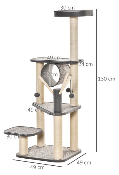 PawHut Albero Tiragraffi per Gatti Adulti e Gattini da 130cm, Lettino, Tunnel per Gatti e Pali in Sisal, Palline e Rivestimento Peluche, Grigio | Aosom Italy