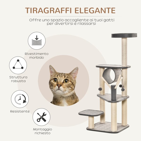 PawHut Albero Tiragraffi per Gatti Adulti e Gattini da 130cm, Lettino, Tunnel per Gatti e Pali in Sisal, Palline e Rivestimento Peluche, Grigio | Aosom Italy
