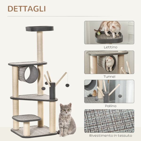 PawHut Albero Tiragraffi per Gatti Adulti e Gattini da 130cm, Lettino, Tunnel per Gatti e Pali in Sisal, Palline e Rivestimento Peluche, Grigio | Aosom Italy