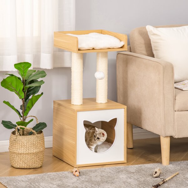 PawHut Casetta per Gatti con Pali Tiragraffi in Sisal, Cuccia e Lettino con Cuscini Lavabili e Pallina, 35x35x81cm, Rovere|Aosom