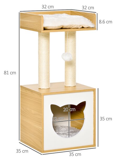 PawHut Casetta per Gatti con Pali Tiragraffi in Sisal, Cuccia e Lettino con Cuscini Lavabili e Pallina, 35x35x81cm, Rovere|Aosom