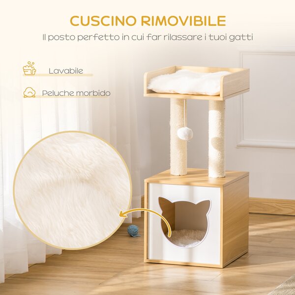 PawHut Casetta per Gatti con Pali Tiragraffi in Sisal, Cuccia e Lettino con Cuscini Lavabili e Pallina, 35x35x81cm, Rovere|Aosom