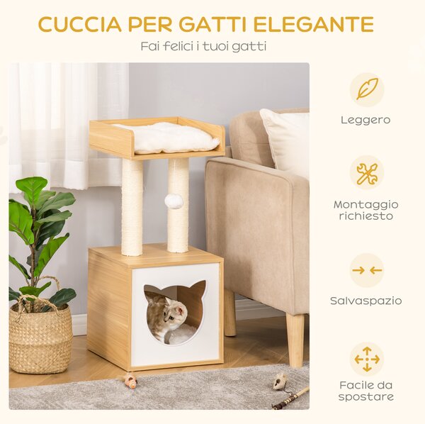 PawHut Casetta per Gatti con Pali Tiragraffi in Sisal, Cuccia e Lettino con Cuscini Lavabili e Pallina, 35x35x81cm, Rovere|Aosom