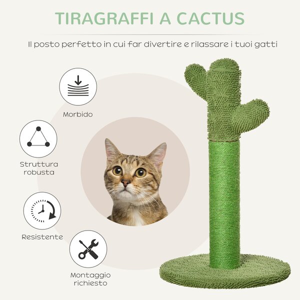 PawHut Albero Tiragraffi per Gatti Adulti e Gattini a Forma di Cactus con Corda Sisal, 40x40x65cm, Verde|Aosom