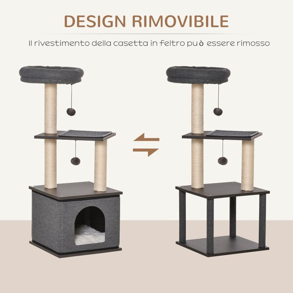 PawHut Albero Tiragraffi per Gatti Adulti e Gattini da 104cm, Casetta per Gatti, Lettino e Pali in Sisal, Cuscini Lavabili, Grigio|Aosom