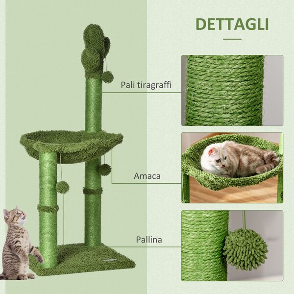 PawHut Albero Tiragraffi per Gatti Adulti e Gattini a Forma di Cactus con Corda Sisal, Palline e Amaca, Altezza 96cm, Verde|Aosom