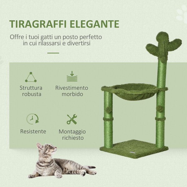 PawHut Albero Tiragraffi per Gatti Adulti e Gattini a Forma di Cactus con Corda Sisal, Palline e Amaca, Altezza 96cm, Verde|Aosom