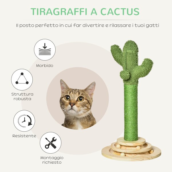 PawHut Albero Tiragraffi per Gatti Adulti e Gattini a Forma di Cactus, Corda Sisal e Base con Palline in Legno, 32x32x60cm, Verde|Aosom