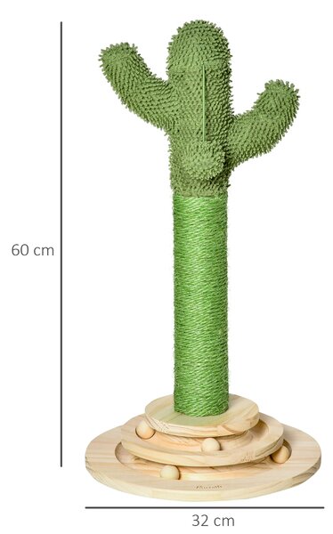 PawHut Albero Tiragraffi per Gatti Adulti e Gattini a Forma di Cactus, Corda Sisal e Base con Palline in Legno, 32x32x60cm, Verde|Aosom