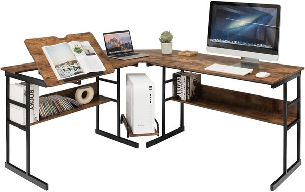 Scrivania angolare a L, 170 cm, scrivania per computer con 2 ripiani, piano inclinabile, montante centrale, scrivania per computer da ufficio, salvaspazio, stile industriale (marrone)