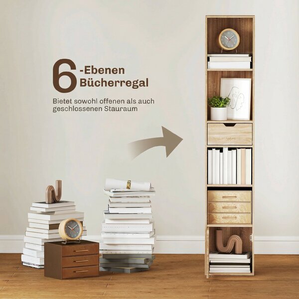 HOMCOM Scaffale Libreria a 4 Ripiani Aperti con Armadietto e Cassetto, 30x24x158 cm, Color Legno | Aosom Italy