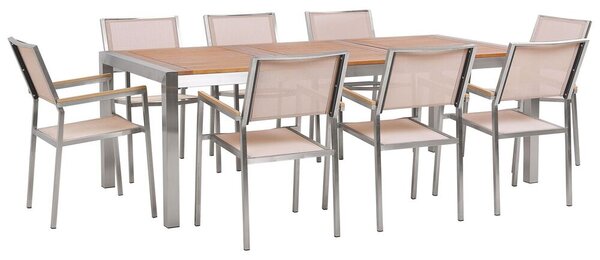 Set da pranzo da giardino con piano in legno di eucalipto chiaro e struttura in acciaio 220 x 100 cm con 8 sedie beige Beliani