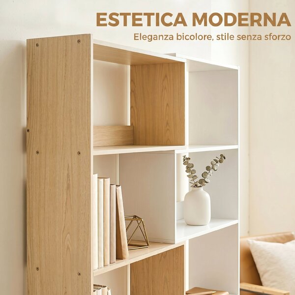 HOMCOM Libreria Angolare, Scaffale 5 Ripiani, Design Rotante 350°, Legno Fruttato/Bianco | Aosom Italy
