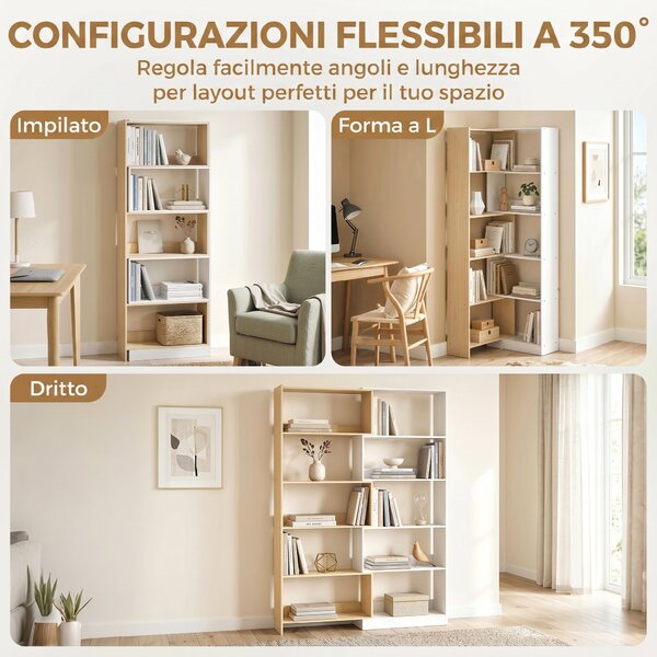 HOMCOM Libreria Angolare, Scaffale 5 Ripiani, Design Rotante 350°, Legno Fruttato/Bianco | Aosom Italy
