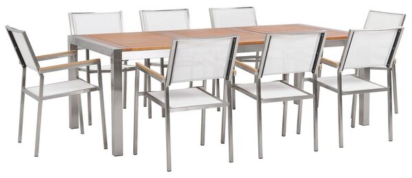 Set da pranzo da giardino con piano in legno di eucalipto chiaro e struttura in acciaio 220 x 100 cm con 8 sedie bianche Beliani