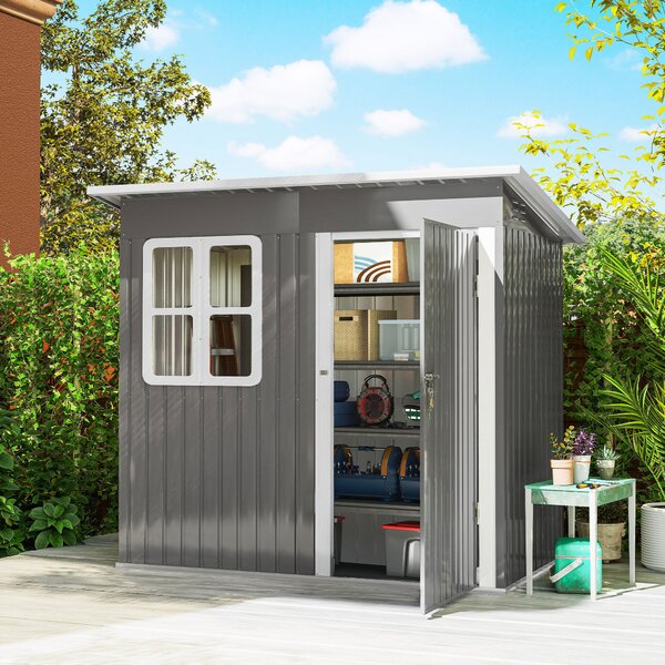 Outsunny Casetta da Giardino 2.55m² in Acciaio Zincato, con Kit di Fondazione, Porta Blocco Tetto Inclinato, Grigio | Aosom Italy
