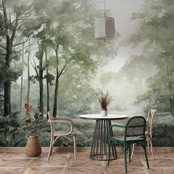 Carta da parati Paesaggio forestale strutturato, alberi con foglie verdi, tavolozza di colori pastello, Carta da parati Natura, w09210v2 : Uwalls.it
