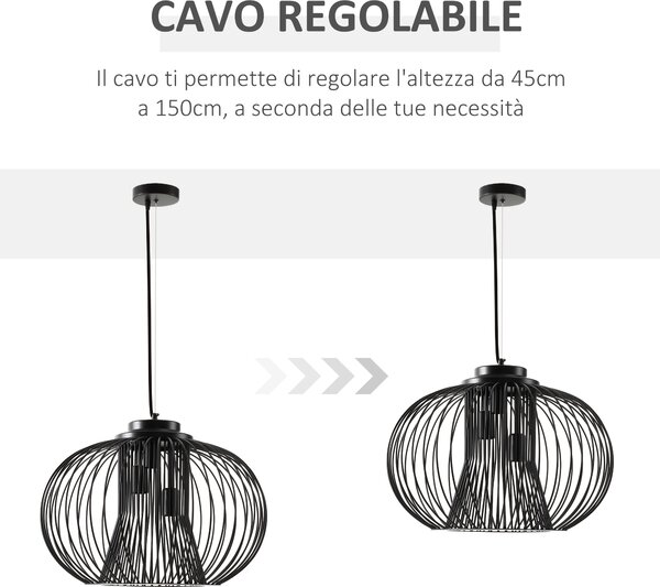 HOMCOM Lampadario da Soffitto Design Moderno con Attacco E27 e Altezza Regolabile, per Soggiorno, Salotto e Cucina, Nero|Aosom