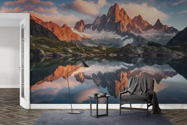 Carta da parati Montagne all'alba, riflesso nell'acqua, paesaggio realistico, Carta da parati Natura, w04150 : Uwalls.it