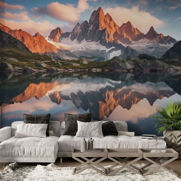 Carta da parati Montagne all'alba, riflesso nell'acqua, paesaggio realistico, Carta da parati Natura, w04150 : Uwalls.it
