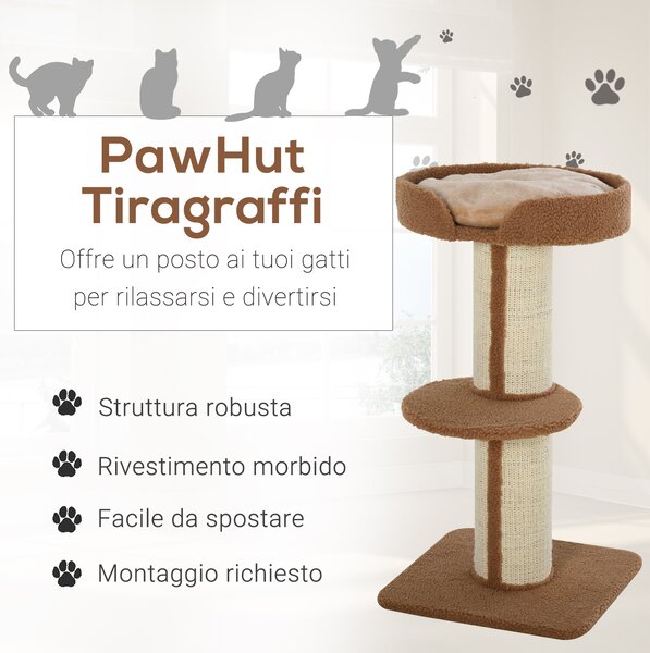 PawHut Tiragraffi ad Albero per Gatti con Cuccia, Cuscino e Morbido Rivestimento Marrone, Pali in Corda Sisal, Altezza 91cm|Aosom