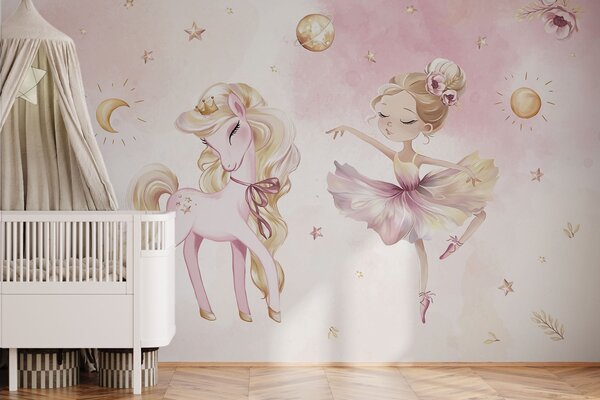 Carta da parati Unicorno e ballerina in una fiaba rosa, storia per bambini, Carta da parati per Bambini, w04196 : Uwalls.it