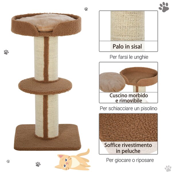 PawHut Tiragraffi ad Albero per Gatti con Cuccia, Cuscino e Morbido Rivestimento Marrone, Pali in Corda Sisal, Altezza 91cm|Aosom