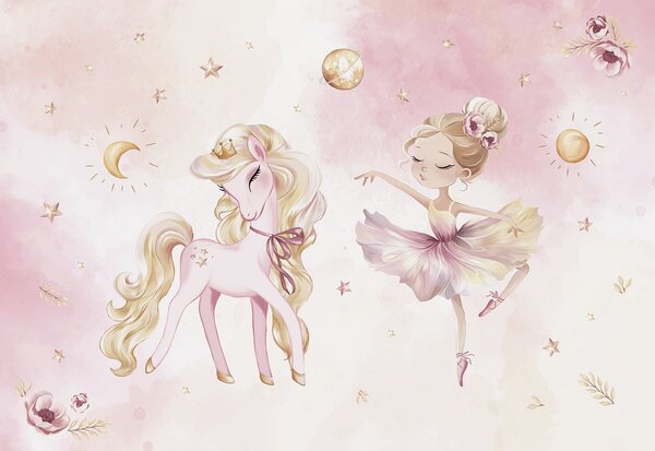 Carta da parati Unicorno e ballerina in una fiaba rosa, storia per bambini, Carta da parati per Bambini, w04196 : Uwalls.it