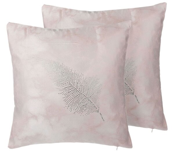 Set di 2 cuscini Decorativi Applique Piuma Rosa 45 x 45 cm Delicato Motivo Glam Decor Accessori Beliani