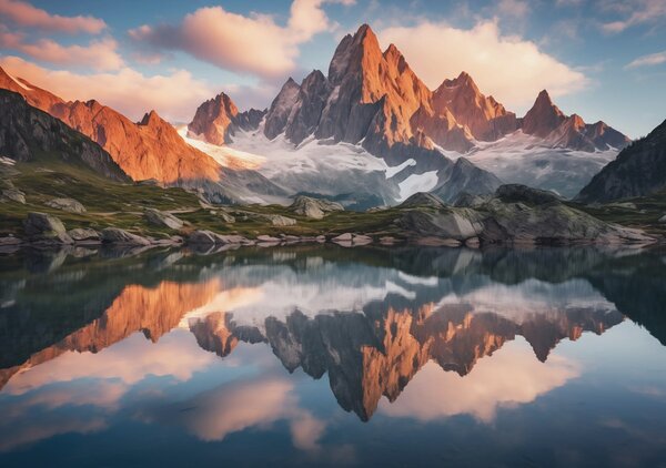 Carta da parati Montagne all'alba, riflesso nell'acqua, paesaggio realistico, Carta da parati Natura, w04150 : Uwalls.it