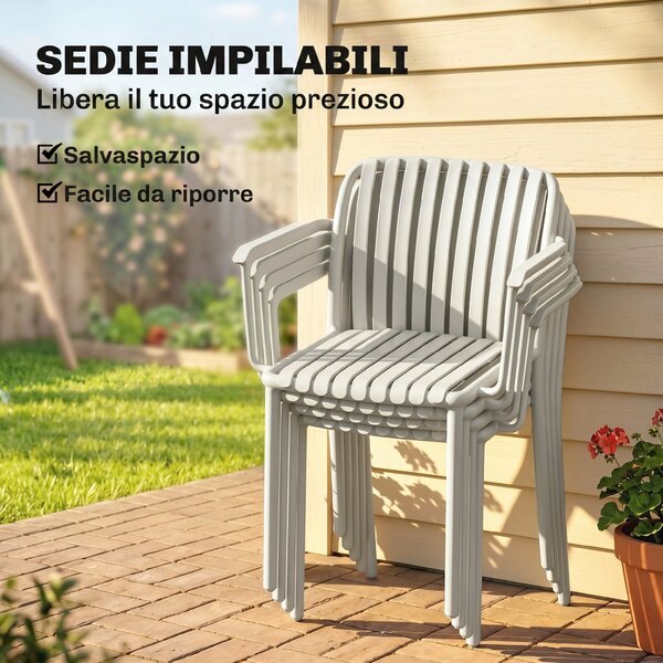 Outsunny Set di 4 Sedie Giardino Impilabili, Design Doghe e Braccioli. | Aosom Italy