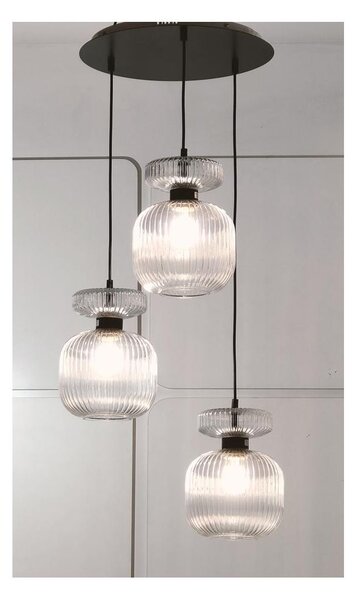 GRETA SOSPENSIONE ROTONDA 3 LUCI IN VETRO RIGATO AMBRA O TRASPARENTE D20 CM LAMPADINE ATTACCO E27