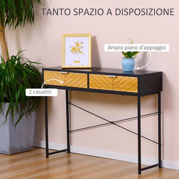 HOMCOM Mobile Consolle Moderna da Ingresso con 2 Cassetti e Struttura Incrociata in Metallo, linee a spina e supporto a X sul retro, Nera|Aosom Italy