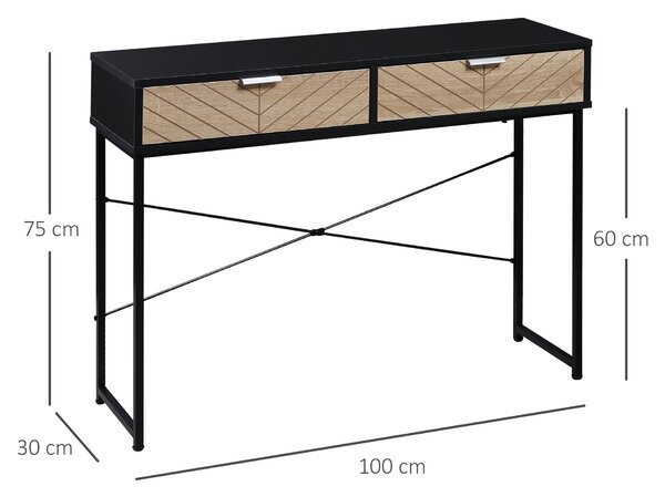 HOMCOM Mobile Consolle Moderna da Ingresso con 2 Cassetti e Struttura Incrociata in Metallo, linee a spina e supporto a X sul retro, Nera|Aosom Italy